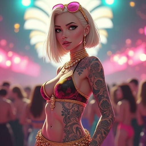 Anime inspired image of a futuristic music festival scene. A woman with emerald green eyes and a beautiful face. She has an oversized light blonde blunt bob hairstyle. Dressed in a sexy and edgy outfit with light pink diamond jewelry. Showcasing her muscular arms and strong physique. Surrounded by a colorful crowd in a modern venue at night. Incorporate traditional Japanese tattoos. Emphasize her confident performance.