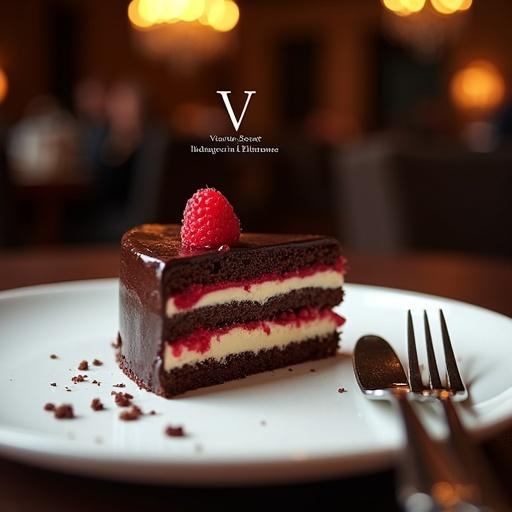 Close-up of a slice of Victoria's Secret-inspired cake on a white plate. A bite has been taken revealing dark chocolate mousse, vanilla custard, and raspberry compote. Nearby are crumbs and a polished fork and knife. Background shows a dimly lit restaurant with chandeliers. White logo and slogan are above. Soft lighting highlights the cake.