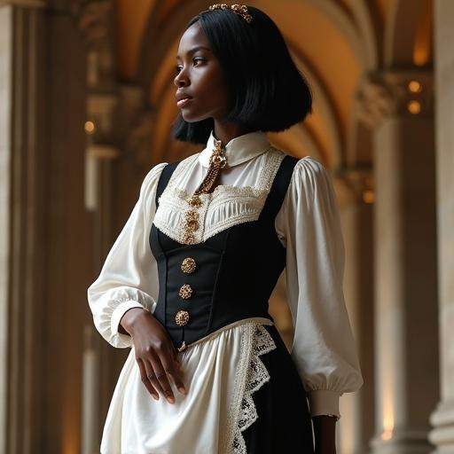 Afro goddess inspired by Yemọja stands in opulent chamber blending medieval and modern architecture. Radiates elegance with glossy black bob and intricate golden accessories. Wears fusion of medieval maid uniform and contemporary style. Blouse features lace trims with elegant corset bodice. Skirt reveals shapely thighs in garters. One hand holds documents while other adjusts satin necktie. Background has soft illumination with magical particles.