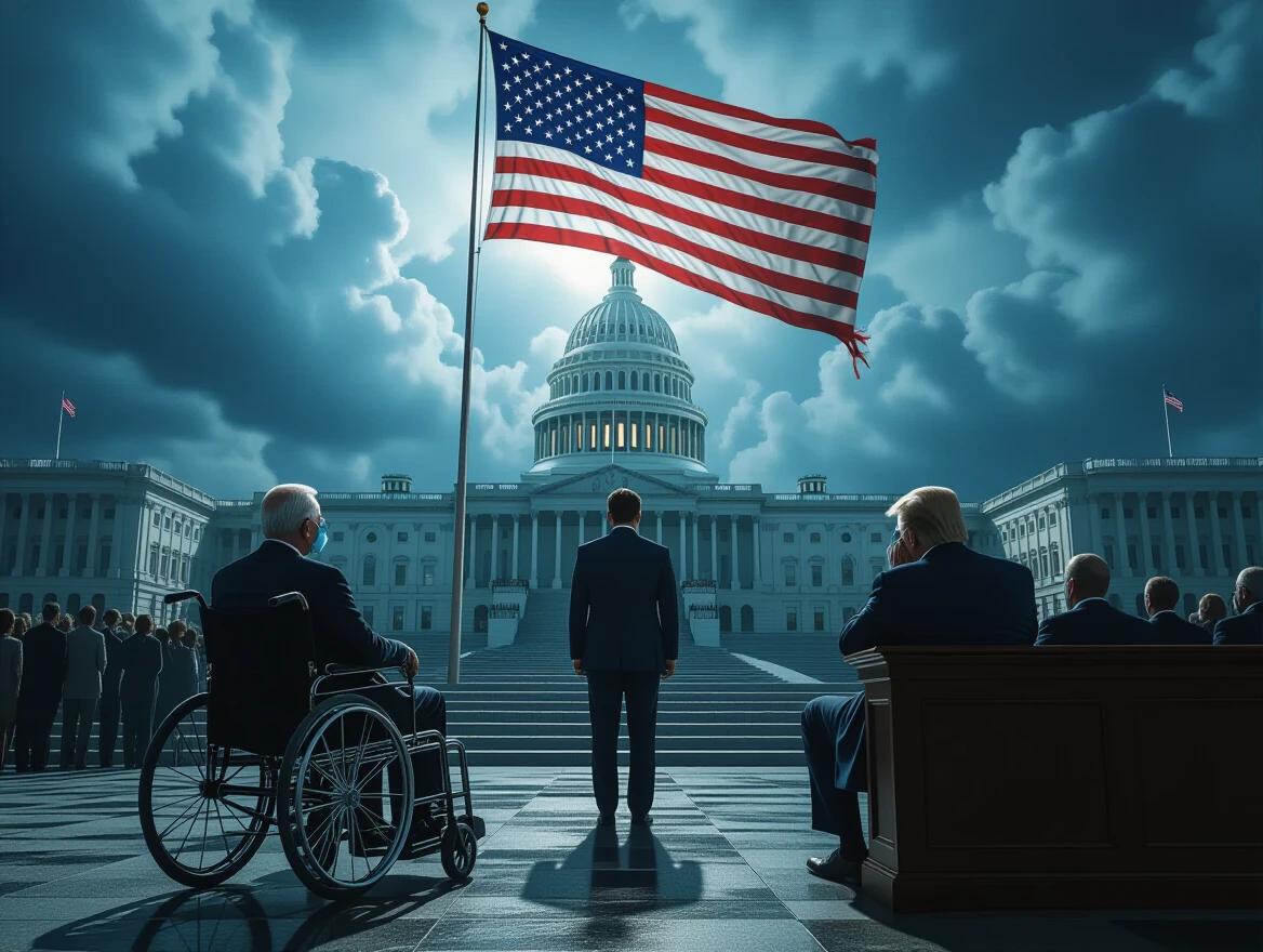 Photo features an ultra-realistic 3D scene depicting a torn U.S. flag upside down in front of the Capitol building under a stormy sky. Gavin Newsom stands in the distance illuminated by light. Joe Biden slouches in a wheelchair with an oxygen mask on the left. Donald Trump sits at a bench with hands on his head on the right. American people blurred in the background looking shocked and hopeless. The composition holds intense political symbolism with deep shadows and a tension-filled atmosphere.
