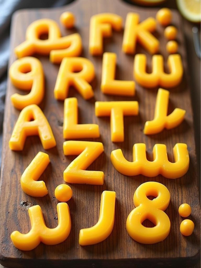 An arrangement of bright yellow shaped cheese letters made to look like Arabic letters. The cheese is on a rustic wooden board. Natural light enhances the colors. Creative food art for education and presentations.