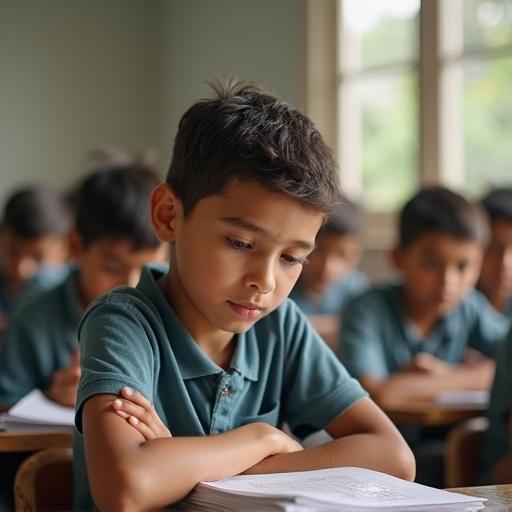 A boy in a classroom setting appears embarrassed as his stomach growls while taking an exam, with his hand rubbing his belly. Other students behind him laugh and whisper, adding to his predicament.
