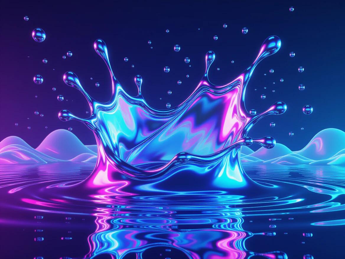 A sharp holographic liquid chrome splash illustrates the spirit of a Y2K aesthetic. The splash is hyperdetailed and colorful in appearance. A dark background contrasts with vibrant colors.
