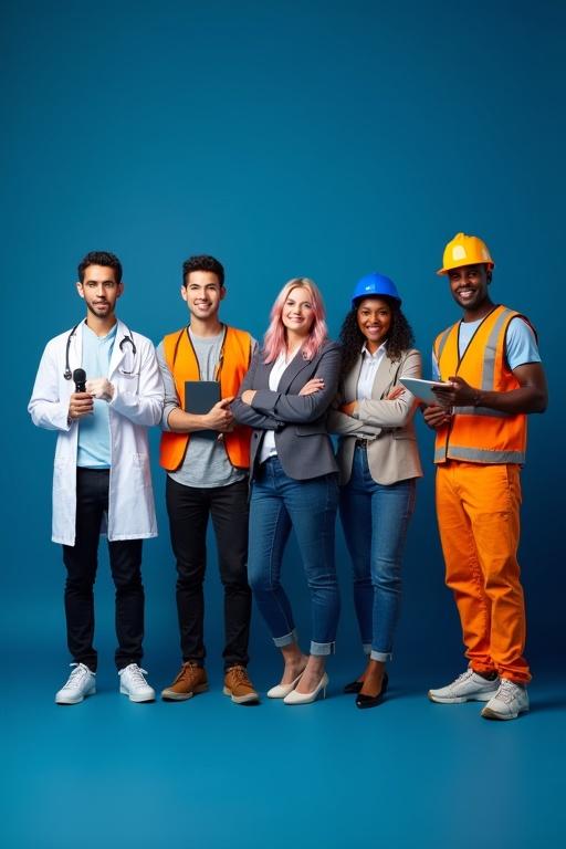 Highly detailed photograph featuring six diverse young professionals against a solid deep blue background. They reflect the Costa Rican workforce. Individuals stand slightly apart with confident poses and friendly expressions. From left to right: young male doctor in white coat and stethoscope; stylish journalist with microphone and tablet; smiling businesswoman with pink hair highlights in smart blazer; female chef in contemporary attire with crossed arms; male construction worker with hard hat and tools; young female engineer with helmet and tablet. Vivid colors with hyper-realistic textures.