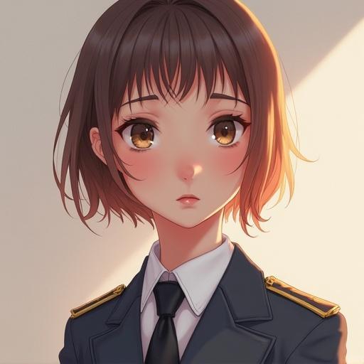 Cell shaded girl with soft color palette wearing colonel rank uniform.