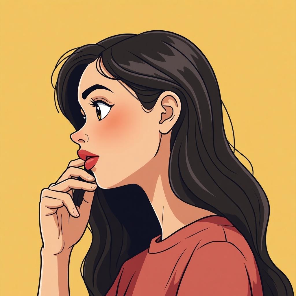 Image of a young woman in profile showing deep thought. 90s cartoon character style with flat colors. Minimal edges and soft curves. No shading. Thin outlines.