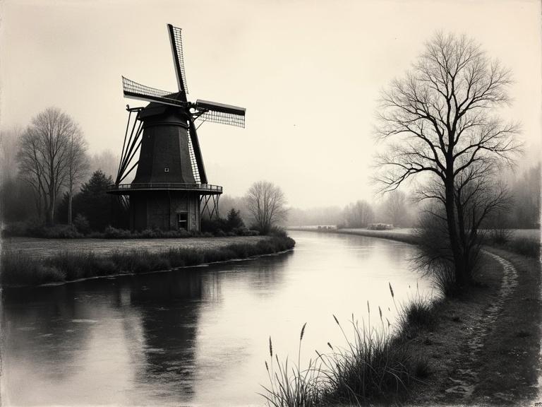 A mill stands alone by a winding river. The scene is in black and white etching style with Indian ink textures. The atmosphere feels melancholic. Gentle river ripples are visible. Soft light diffused by an overcast sky creates mood. Focus on the windmill and reflections in the water. Art reminiscent of 19th century. Autumn colors suggested through ink shading. Best quality and highly detailed.