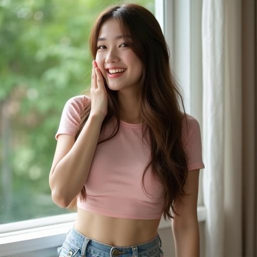 A young woman sitting indoors by a large window. She has long flowing brown hair. The background is a blurred green nature scene. She has smooth fair skin and a shapely figure. She wears a light pink crop top and denim shorts. She has sheer light gray stockings with tiny dots. She smiles playfully and gestures near her face. The scene has soft natural daylight.