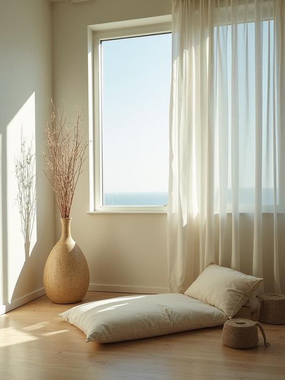 A serene and minimalist interior space with a floor pillow and a large vase with dry branches. Soft natural light filters through sheer curtains, highlighting the peaceful ambiance. The view of the ocean adds to the tranquility. Shot on a Leica camera.
