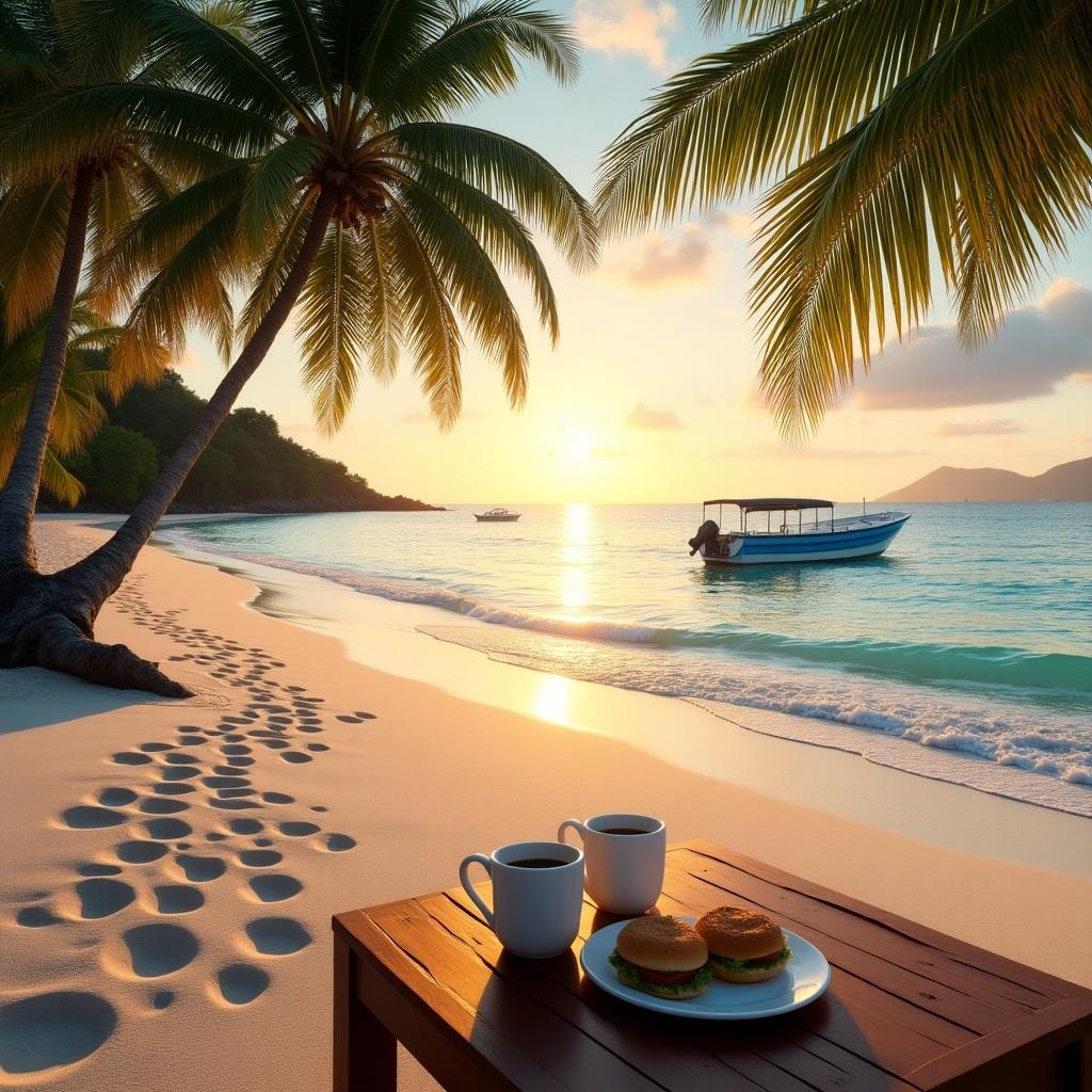 Tropical beach scene at sunset. Gently curving shoreline with smooth sand. Visible footprints leading to water. Small wooden table with coffee mugs and sandwiches. Calm turquoise ocean with a small boat anchored. Tall palm trees lining the beach. Clear sky with orange and pink sunset hues.