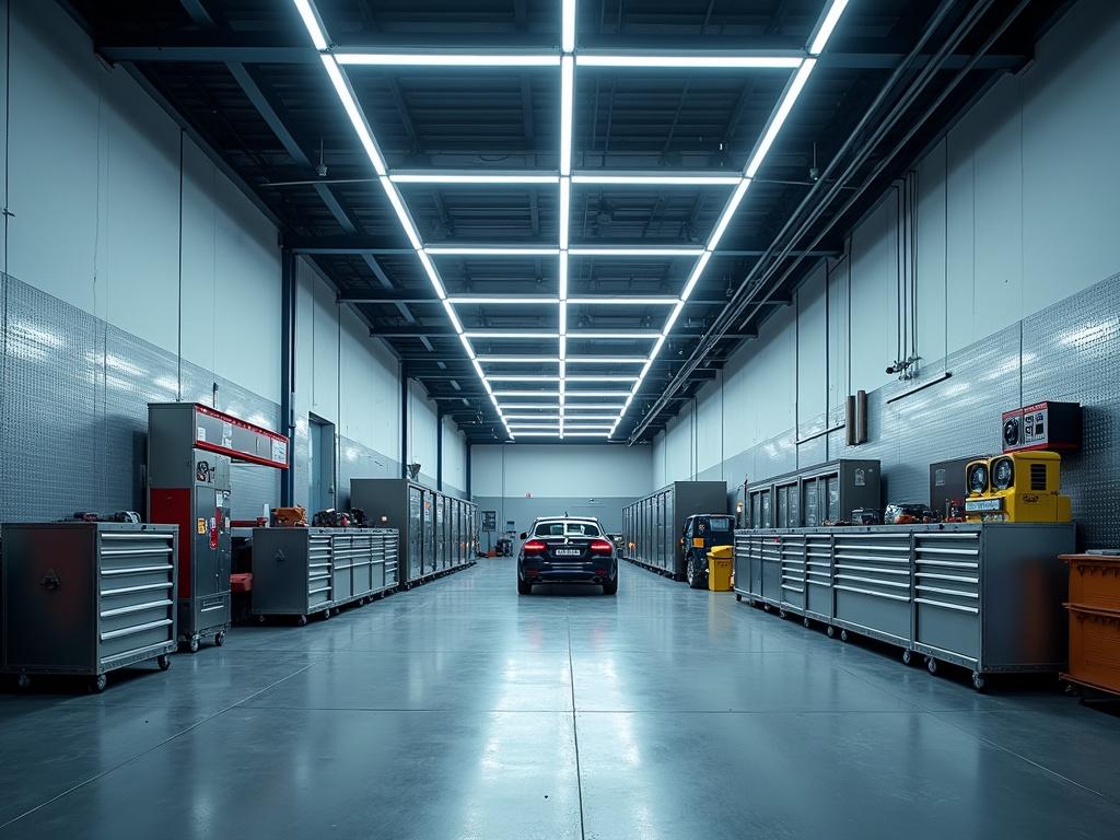 Low angle shot showing a spacious home tool warehouse. Recessed LED tubes create geometric light patterns. Bright cool white light illuminates rubber floor mats. Aluminum toolboxes line the sides. A car is parked in the center of the space.