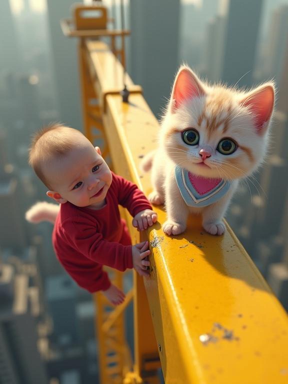 High angle view of a baby in a red onesie crawling on a yellow steel beam of a tall crane. The baby looks around, a little tearful. A fluffy kitten approaches from the other end of the beam, looking gentle and curious. Cityscape far below.