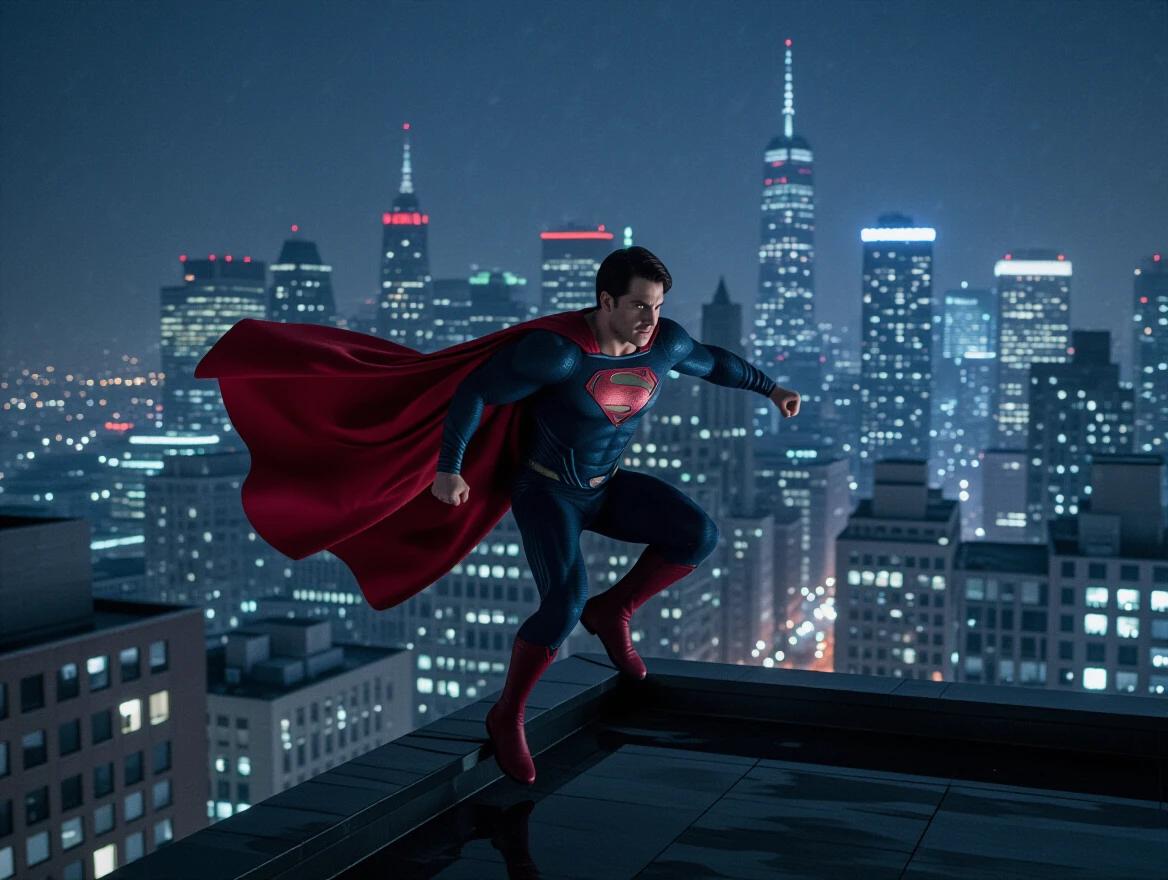 dramatic movie still of a superhero landing on a rooftop at night. Dutch angle shot with a tilted camera for dynamic effect and a skewed city skyline in the background. Intense atmosphere.