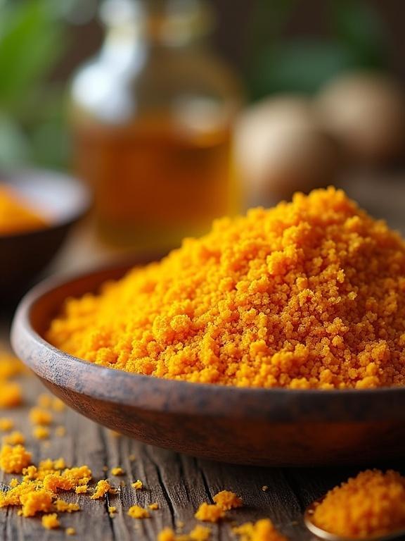 Close-up of Amrit Ras Achar in a wooden bowl with vibrant yellow and orange colors. Natural light enhances the details of the texture. Background shows hints of oil and additional ingredients.