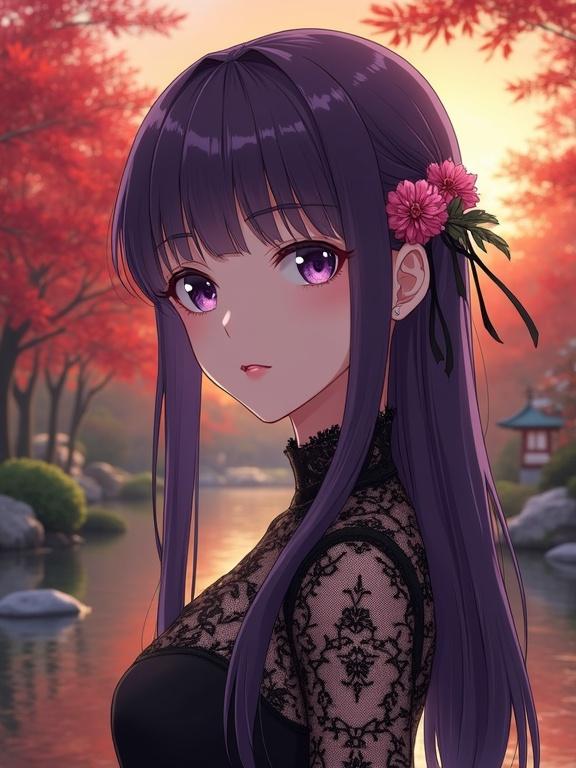 Anime-style portrait of a woman resembling elements of Hitagi Senjougahara. Violet eyes with light reflection. Long violet hair styled with a flower hairpin. Wearing a gothic lace dress. Background shows a Japanese garden at sunset with soft golden light. Contains a koi pond and tea house.