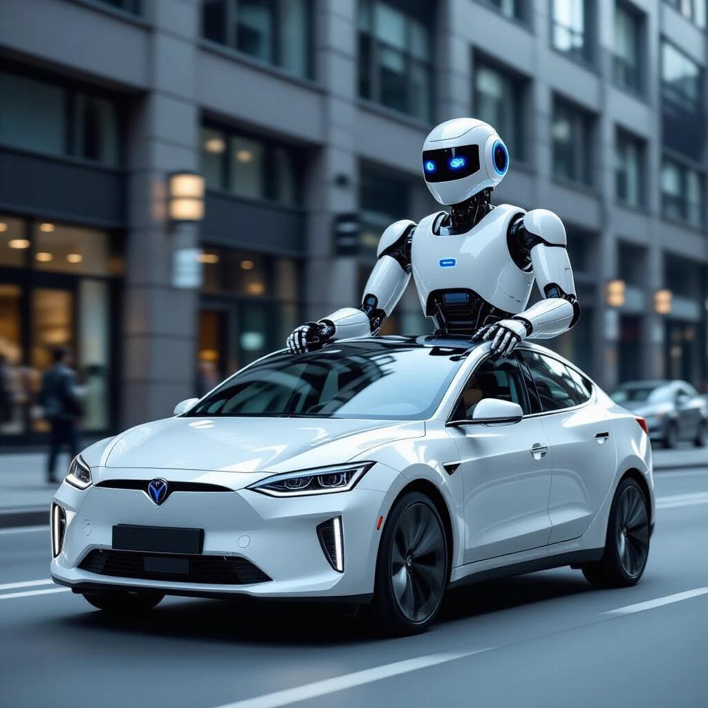 A humanoid robot operates a white car in an urban environment. The scene displays a futuristic and modern cityscape. The robot has a friendly appearance with bright visual features. The car is sleek and modern, driving down the street.