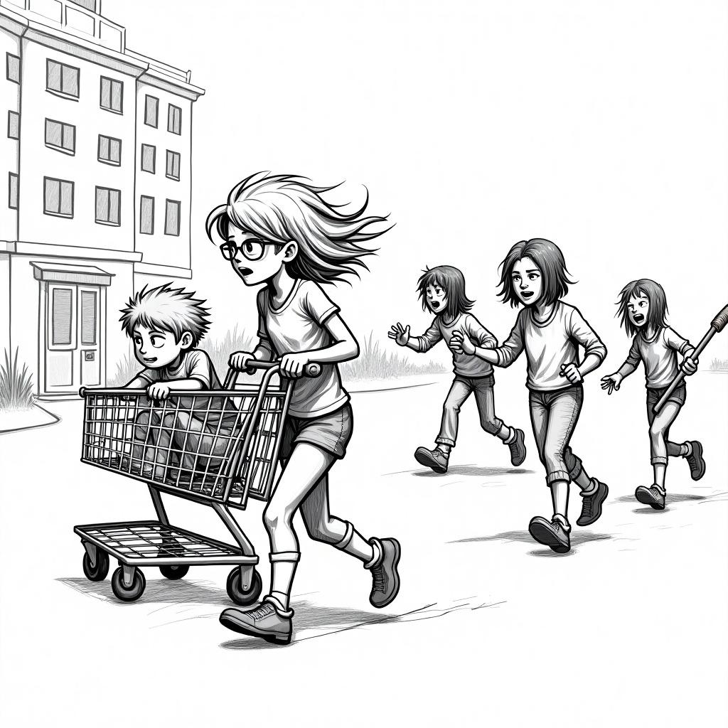 The scene depicts a group of six children running away from a school, showcasing an exciting chase. In the center, a girl with glasses is energetically pushing a shopping cart with a ginger-haired boy inside. The atmosphere is filled with tension as an Asian boy is about to be grabbed by a zombie, while another girl attempts to rescue him. Nearby, a girl carrying a wooden spear runs protectively alongside her friends. This setting illustrates a sense of urgency and danger in a post-apocalyptic world. The art is presented in a striking black and white sketch style, which contributes to the intense and dramatic mood.