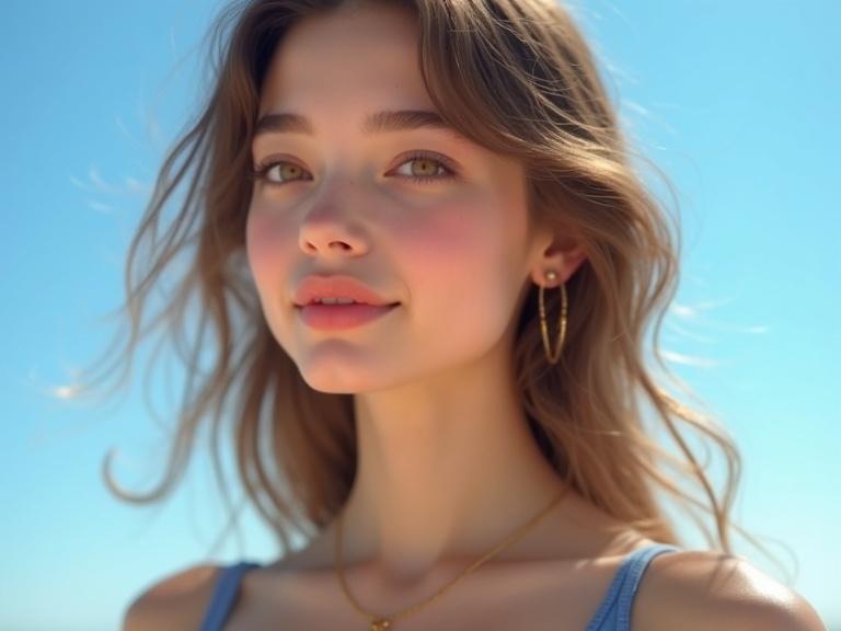 Portrait of a young woman with soft features and a warm smile. She has light brown wavy hair and hazel eyes. Wearing a blue top, her shoulders are bare. The background showcases a clear blue sky.