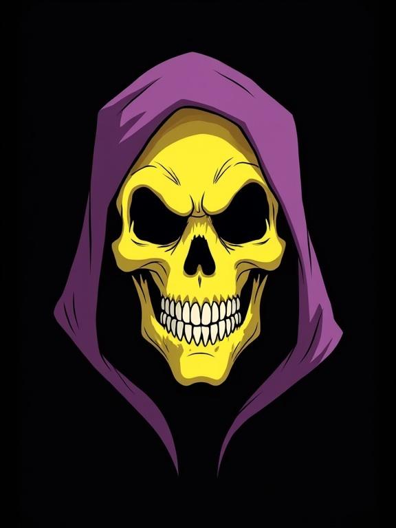 A digital illustration of a cartoonish skull with exaggerated features. The skull is yellow with large eye sockets and a wide grin. A purple hood drapes over the skull. The background is black, giving a stark contrast to the yellow skull and purple hood.