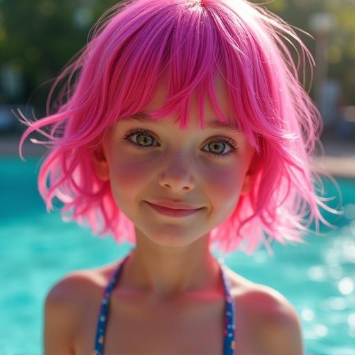 Portrait of a girl with hot pink hair in a swimsuit. She looks at the viewer with a cute expression. Background features bokeh effects. Ultra-realistic image with high-quality details.