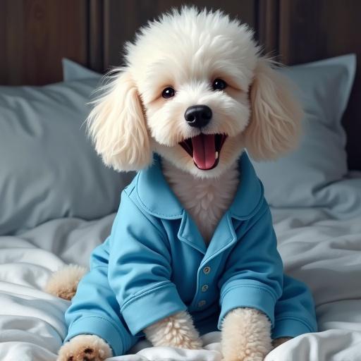 Digital painting of a happy white poodle. Dog with a nice top-knot. Poodle is sitting in bed. Dog wears light blue pajamas. Poodle is yawning and stretching. Ruffled fur shows texture. Background features a cozy warm bedroom setting.