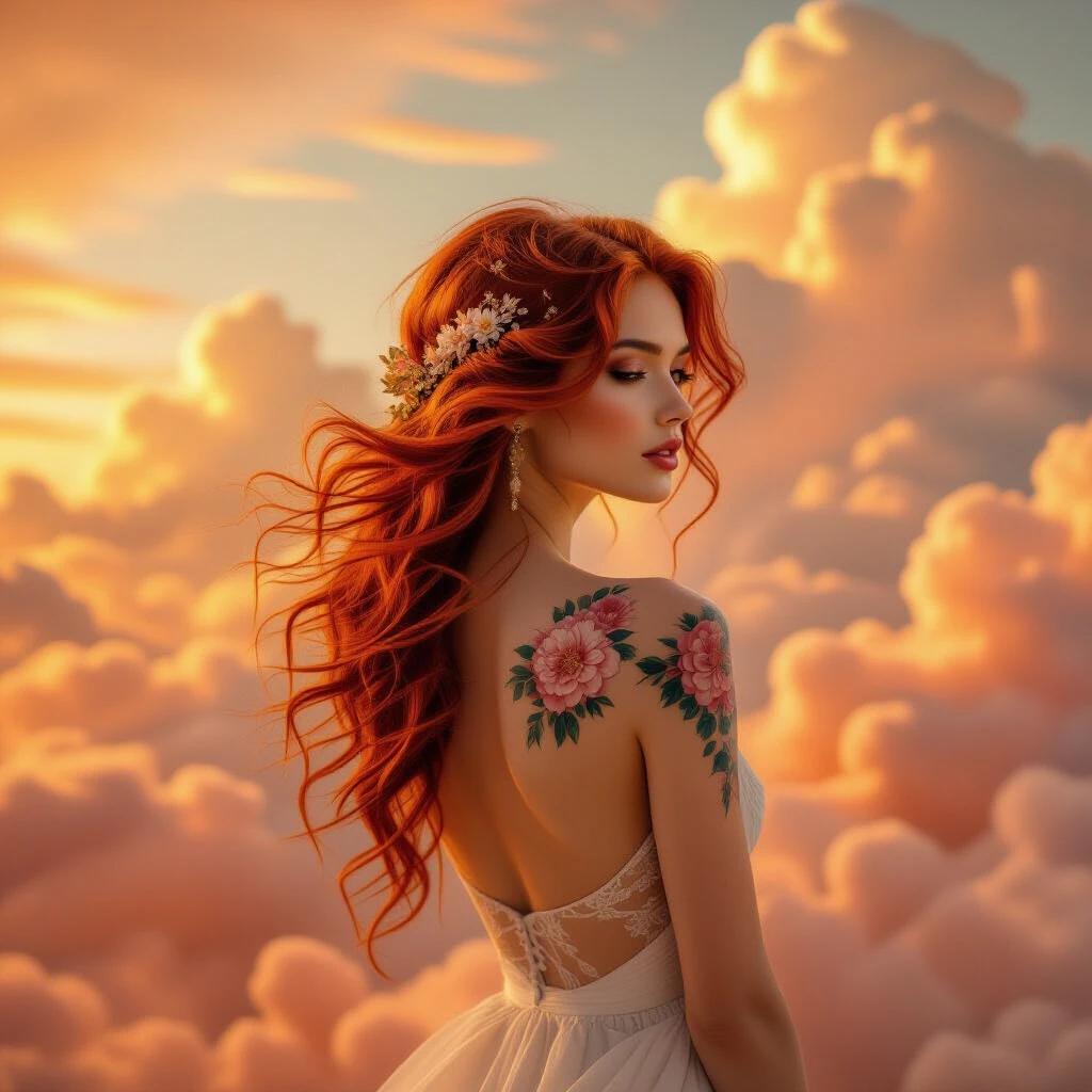 The scene showcases a figure with fiery-red hair standing amidst vibrant orange clouds. The figure has cascading soft locks and wears a small floral piece in her hair. The exposed shoulder features an intricate floral tattoo on fair skin. The background is warm and dreamlike, highlighting the figure's beauty.