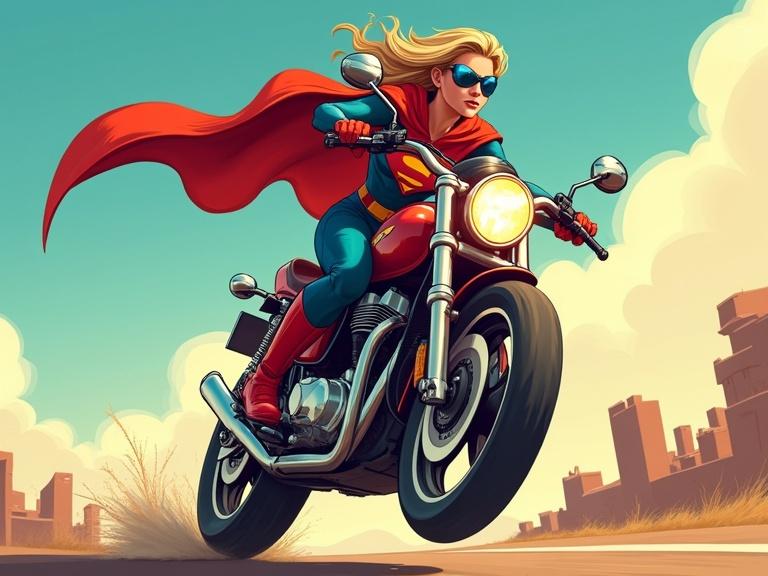 Supergirl riding a motorcycle. Illustration of a superhero portraying excitement. Vibrant colors and dynamic pose.