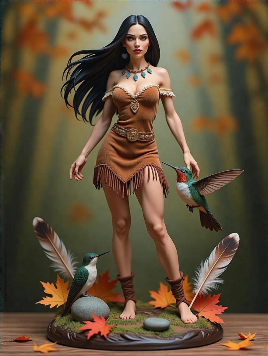 A hyper-detailed resin statue featuring a Pocahontas-inspired woman on a natural base. She is in a brown suede dress adorned with gold. Long hair flows gently. Hummingbird on her finger. Surrounded by autumn leaves.