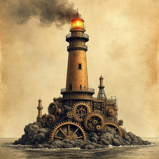 A brass and copper lighthouse powered by giant gears. Light beams rotating through smoky skies. Perched on a gear island. Steampunk line art style. Inked detail. Sepia tones with glowing accents.