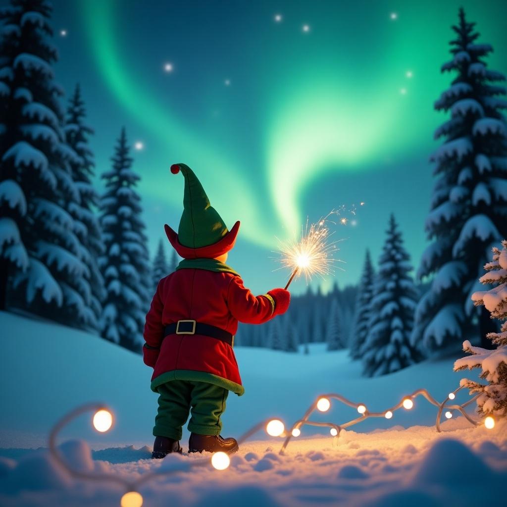 This magical winter scene features a child dressed in an elf costume, seen from behind, gazing at the vibrant northern lights. The child, named Orion, holds a wand that creates a beautiful spark. The snowy landscape is enhanced by snow-laden trees and a soft glow from twinkling lights in the foreground. This enchanting atmosphere evokes holiday cheer and captures the essence of winter magic. Orion's imagination lights up as he admires the beauty of the scene around him.