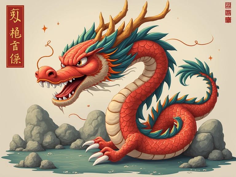 A vibrant and stylized dragon perched on rocks. The dragon has bright red and green scales with detailed features. It has a fierce expression and long horns. The background is simplified to enhance the dragon's prominence.
