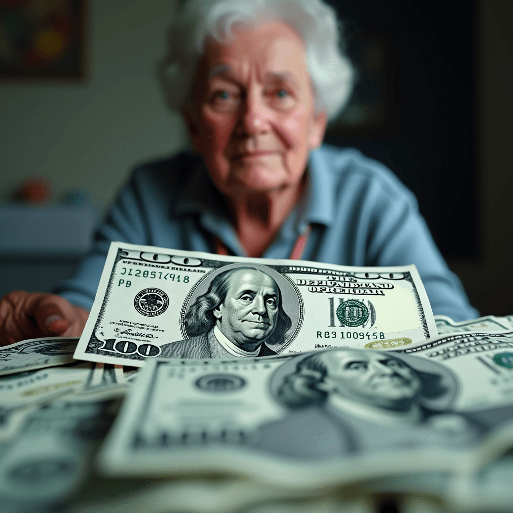 An elderly woman extends a stack of hundred-dollar bills towards the viewer.