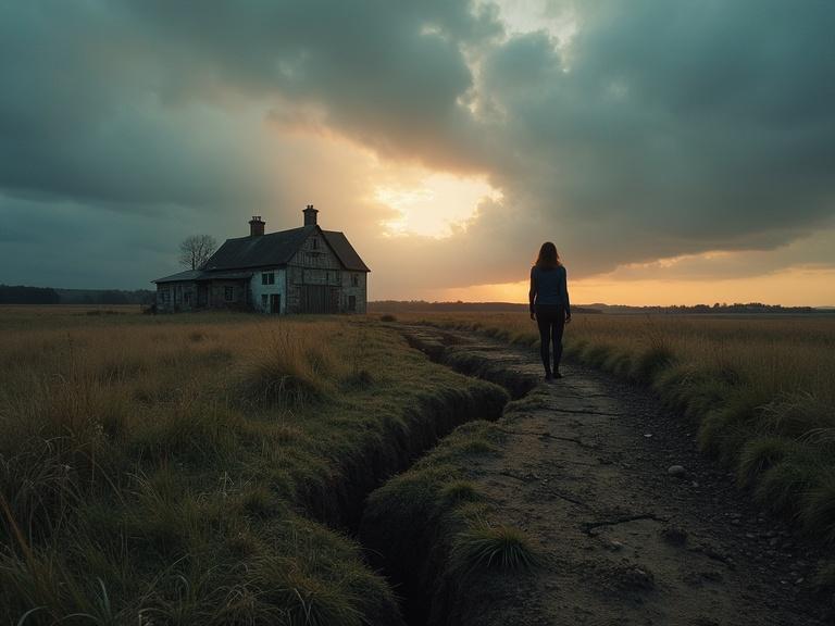 Windswept Dorset landscape at dusk. Fissured earth with cracks leading to an isolated farmhouse. Silhouette of a lone woman near a weathered barn. Brooding skies suggest emotional depth. Mood evokes poetic realism.
