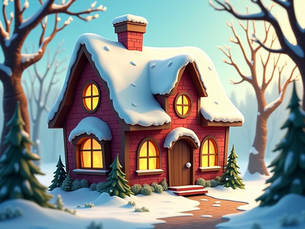 A charming, cozy cottage covered in snow, set in a winter landscape with trees. The house has a red brick exterior, rounded windows emitting a warm glow, and a snow-covered roof. Small evergreen trees surround the brick path leading to the wooden door. The scene is serene, evoking a fairy tale atmosphere.