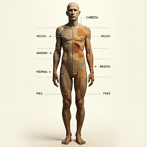 Vertical image of full-body human silhouette front-facing without facial features. Silhouette filled with textures of cracked earth moss desert and stone. Body divided by lines into labeled regions using precise Spanish words: CABEZA, PECHO, ABDOMEN, BRAZOS, PIERNAS, PIES. Each region distinct texture and color tone evoking landscapes. Minimal background softly lit emphasizing shape and symbolic structure of human map.