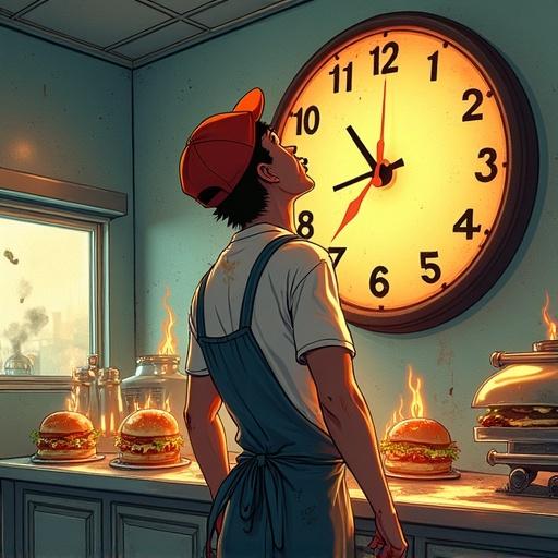 Comic book cover featuring a young man in an apron looking at a large melting clock. Behind him chaotic kitchen scene with flying burgers and fryer flames. Sunlight shines through the window creating a gloomy atmosphere. Title 'Summer Job Blues' in worn typography emits grease effect.