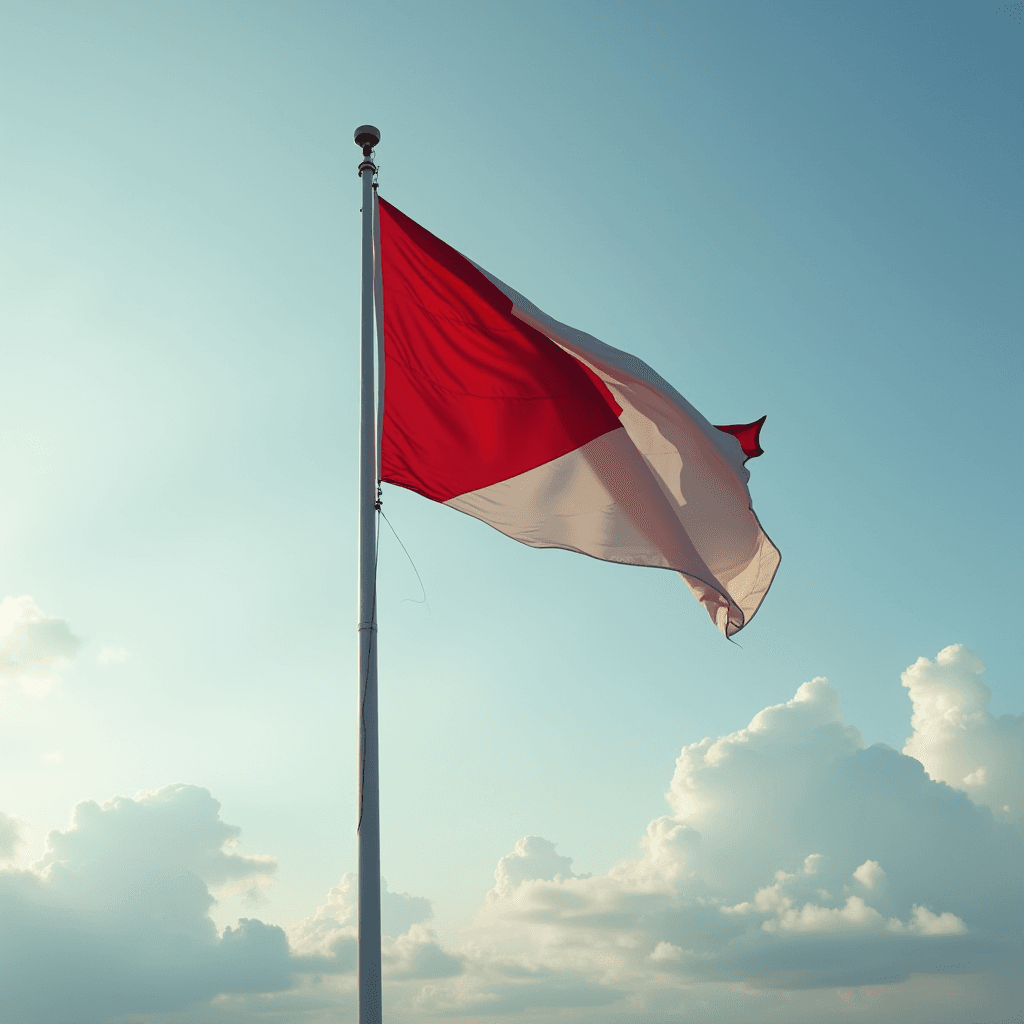 A red and white flag billows gracefully against a background of a clear sky with scattered clouds.