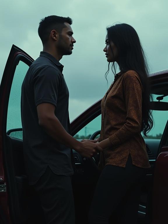 A man in a batik shirt opens a car door for a woman. They share a moment of tension under a cloudy sky. Both are Indonesian. The scene is intimate and silent.