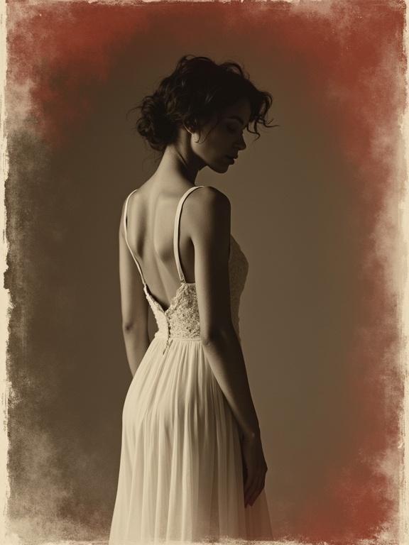 A beautiful supermodel in an artistic pose stands with her back turned, wearing a white dress. The image features a vintage sepia tone, high contrast, and diffused lighting. Captured from a low angle using a Hasselblad 500CM camera, the shot reflects the style of vintage photography and Richard Avedon. The image has a white and red sepia border with a vignette effect, displaying grain and ultra-detail.