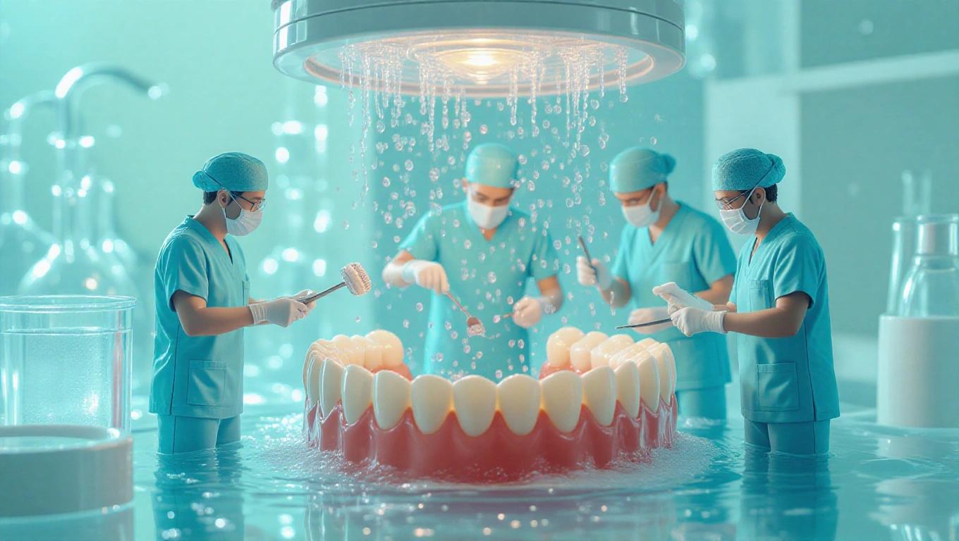 High-detail close-up scene with five miniature dentists cleaning a denture in a glass. One scrubs with polisher, another uses a water jet, another shines a light and takes notes. Environment filled with peppermint fizz. Dentures gleam. Bright and clean lighting evokes clinical perfection with playful twist.
