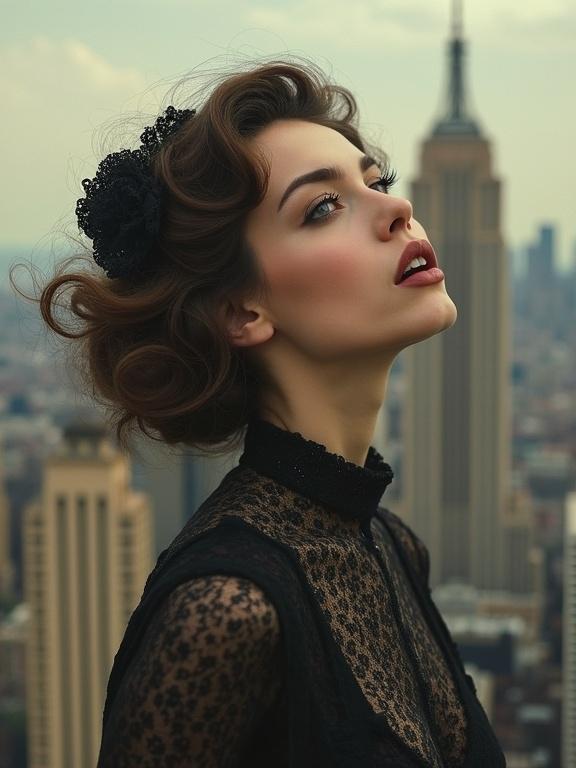 1920s style portrait of a beautiful woman with a wide open mouth against a city skyline. The woman has a glamorous hairstyle and wears a lace outfit. The background shows a cityscape featuring the Empire State Building.