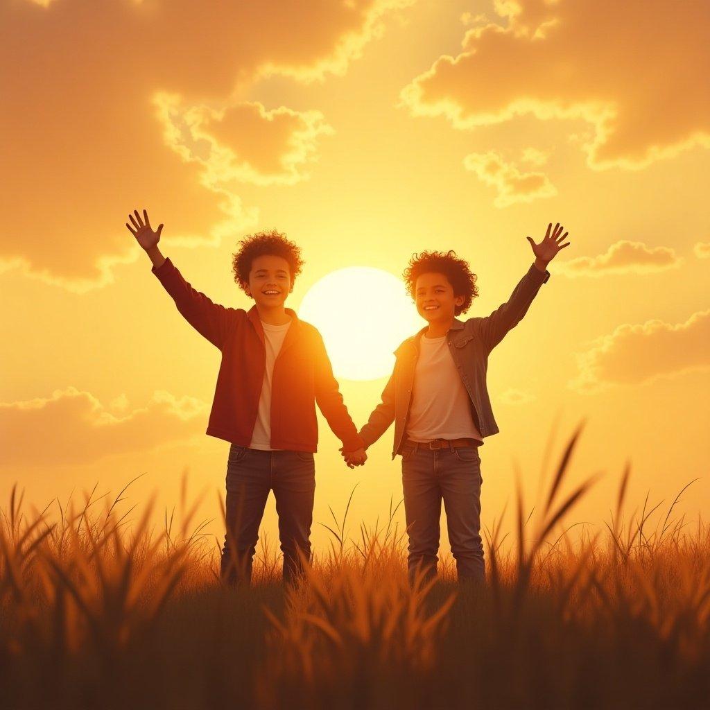 This image captures a joyful moment between two children, Daniel and Noah, as they stand together in a sunlit field during sunset. They are holding hands, which symbolizes friendship and unity. The warm colors of the sunset create a beautiful backdrop, giving a sense of warmth and happiness. Their expressions are filled with joy as they wave, evoking feelings of excitement and love. The scene is reminiscent of carefree childhood moments, perfect for illustrating themes of friendship and family.