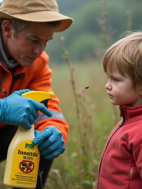 Rescue worker sprays insecticide towards a child in nature. Worker wearing gloves holds a yellow spray bottle. Child looks curious while wearing a red jacket. Background features green nature with wildflowers.