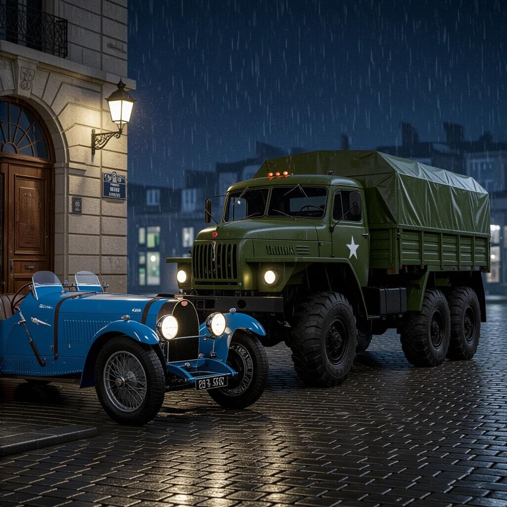 Photorealistic night scene depicts 1924 Bugatti Type 35 and 1951 Soviet military truck Side by side on rain-slicked cobblestones Bugatti gleams in French Racing Blue with chrome wheels Truck looms large with rusted green paint Low-angle perspective highlights size contrast Night atmosphere created by sodium-vapor lamps and post-rain mist