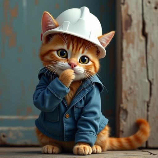Cat wearing white hard hat and blue jacket. Cat has teary-eyed look and paw held to mouth. Tail caught in door. Sitting awkwardly. Comical workplace injury scene.