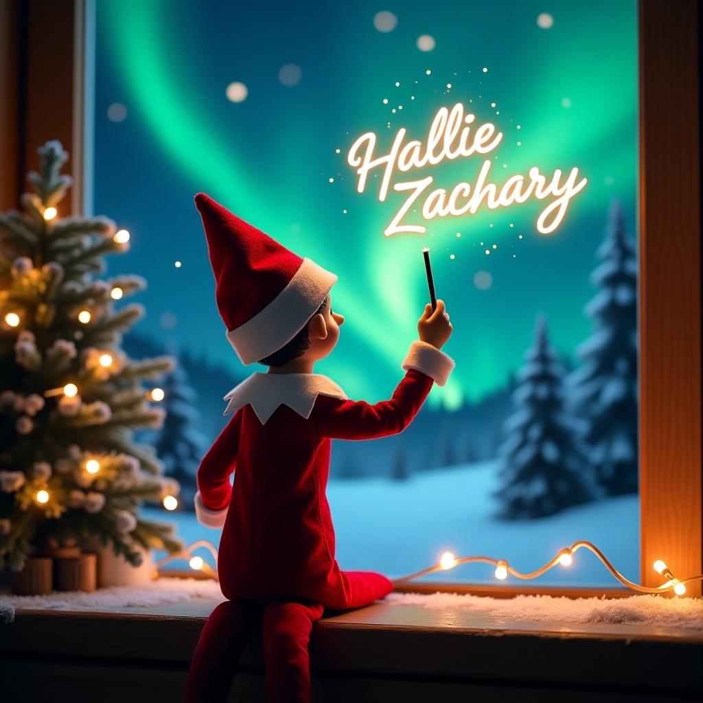 An enchanting Christmas scene featuring an elf on the shelf, who is facing the sky with his back to the viewer. The elf, dressed in red and white, wields a magic wand, writing 'Hallie' and 'Zachary' in a glowing script above him. The backdrop is adorned with vibrant northern lights, adding a magical ambiance. The scene is festive, portraying the spirit of Christmas with a whimsical twist. The elf's position and action create a sense of wonder and excitement that captures the joy of the holiday season.