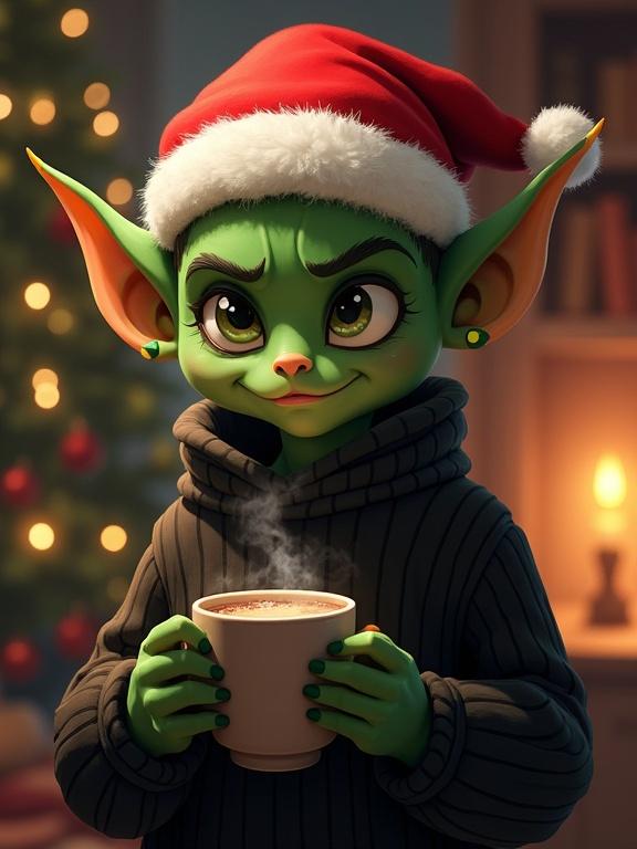 Stylized realism modern anime art vibrant colors green-skinned goblin red Santa hat black ribbed sweater dimly lit room warm bokeh lights sly mischievous expression pointed ears yellow studs steaming mug hot cocoa