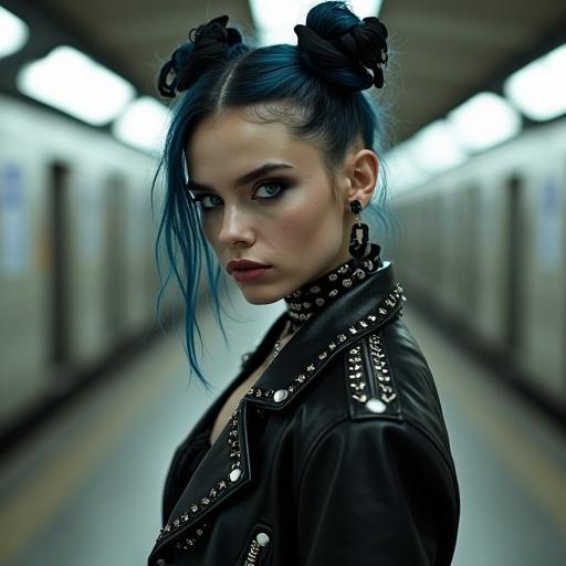 Strikingly beautiful goth punk woman. Age between 19 and 20. Blue eyes with dark makeup. Colorful hair tied in two loose buns with black ribbons. Standing at a subway station. Wearing a black leather studded biker jacket. Dressed in a knee-high lace dress. Manicured hands adorned with punk goth rings.