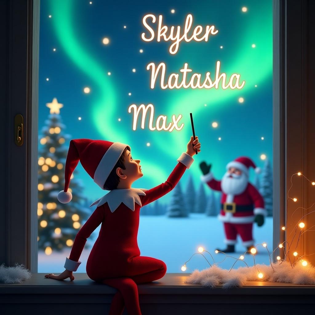 The image features an 'Elf on the Shelf' character with its back to the viewer, gazing at the enchanting night sky. This elf is elegantly using a wand to write the name 'Skyler' in the air. The background is a stunning Christmas scene, complete with shimmering northern lights and a cheerful Santa waving. The elf's actions create an atmosphere of magic and wonder, as it also writes the names 'Natasha' and 'Max' in the sky. The setting is cozy, with twinkling lights adorning the window and a decorated tree nearby. This delightful festive scene captures the essence of holiday magic and joy.