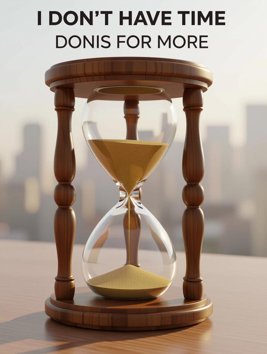 An hourglass is depicted with sand depleting quickly. The image conveys a sense of urgency and limited time. The background suggests a busy environment.